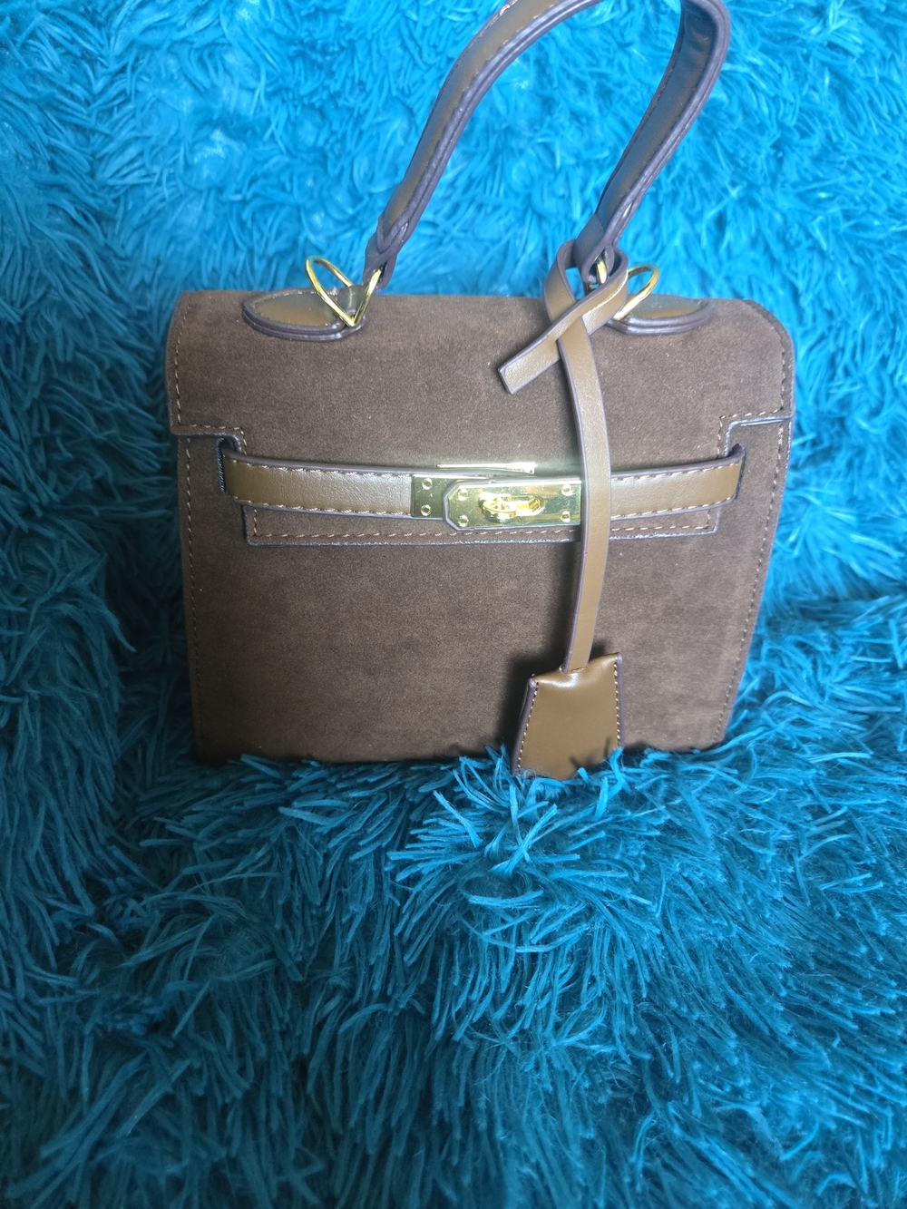 Brown Suede Top-Handle Satchel with Gold Hardware
